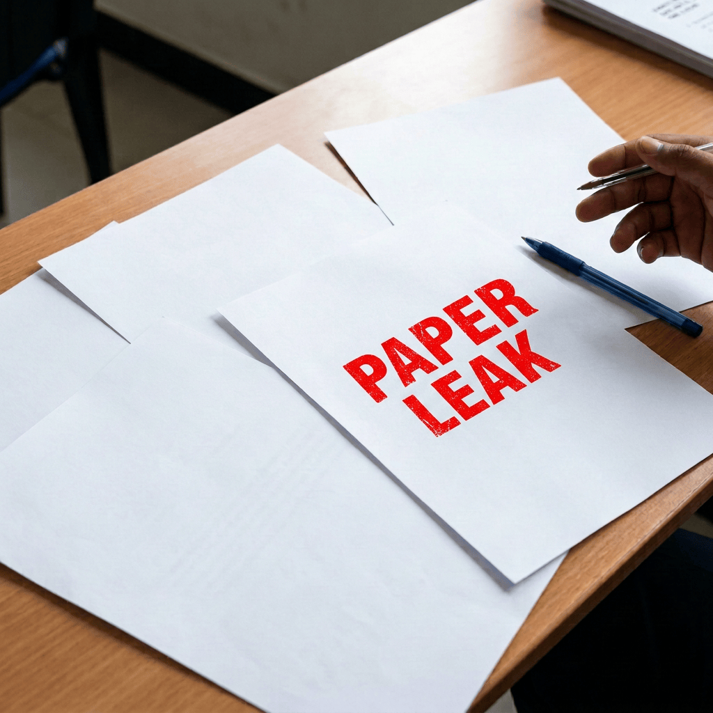 Mathematics exam papers marked “PAPER LEAK,” “REPORT TO AUTHORITIES,” and “CANCELLED”